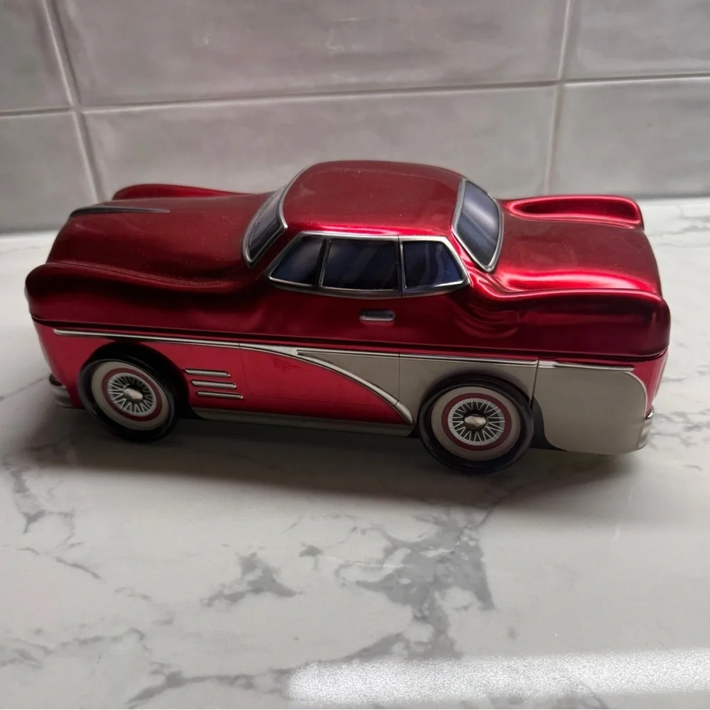 Silver Crane Company red classic car tin box
